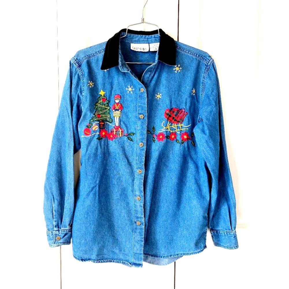 Christmas Drummer Boy Chambray/Denim Shirt‎ size Medium Casey & Max